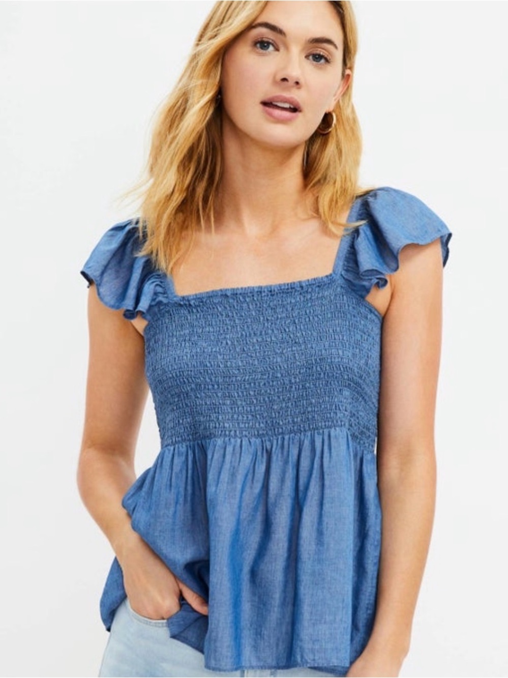 LOFT Blue Smocked Ruffle Strap Tank